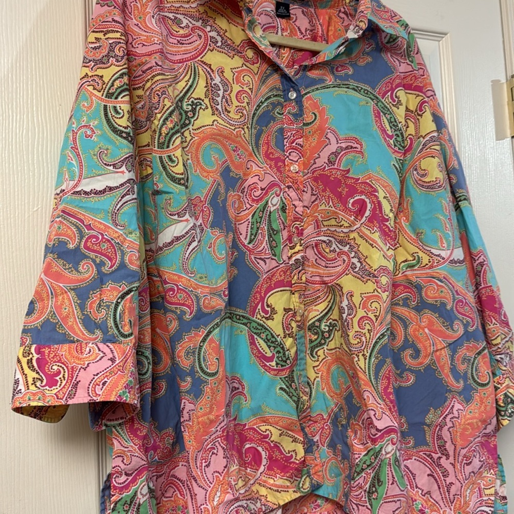 Chaps Ralph Lauren pastel paisley 3/4 sleeves button down shirt women’s 3x - Picture 3 of 5